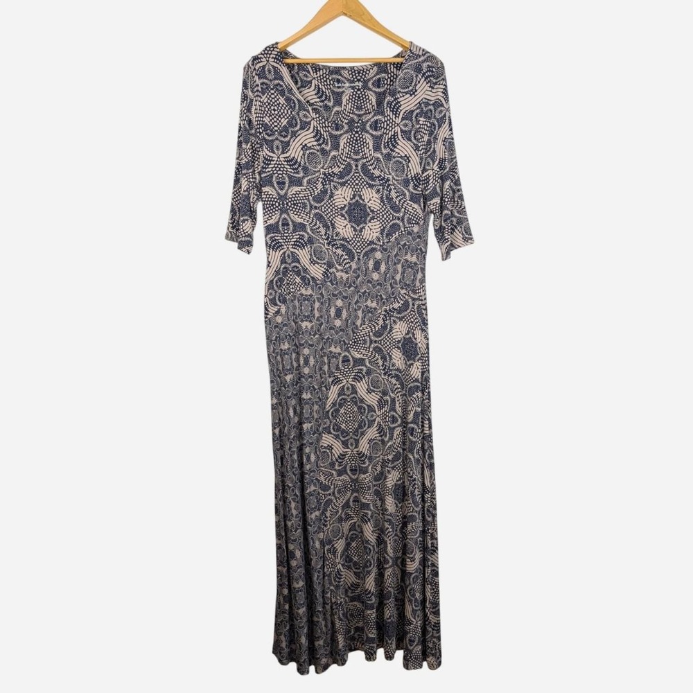 Soft Surroundings Navy Tan Print Jersey Maxi Dress 3/4 Sleeve Large